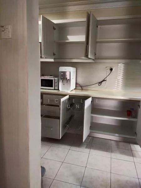 Kitchen features: white cabinetry with upper and lower storage, countertop with light color, built-in water dispenser, microwave, tile flooring, wall-mounted electrical outlets, open shelving, light-colored backsplash; style: modern.