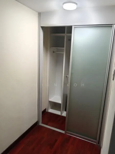 Room features: wooden flooring, white painted walls, sliding glass door, built-in shelving, hanging rod for clothes, ceiling light fixture.