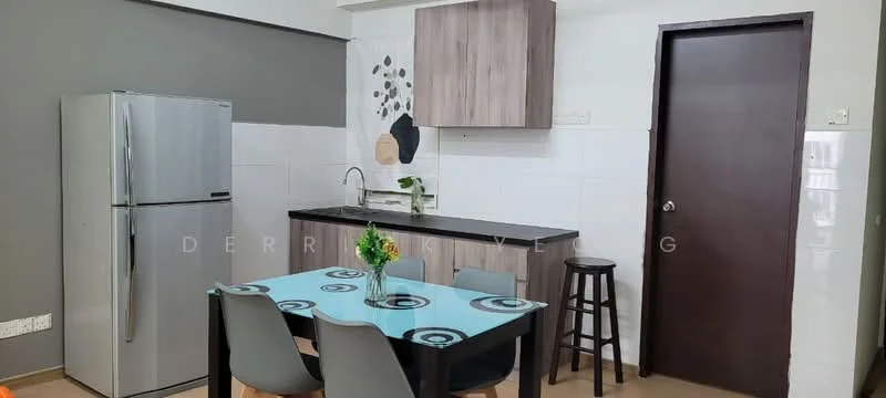 Kitchen features: stainless-steel fridge, single-bowl stainless-steel sink, chrome pull-down faucet, laminate countertop, white tiled backsplash, wood cabinetry in light brown, black bar stool, dining table with blue patterned tabletop, grey dining chairs, wall-mounted artwork, white walls, light wood flooring; style: modern.