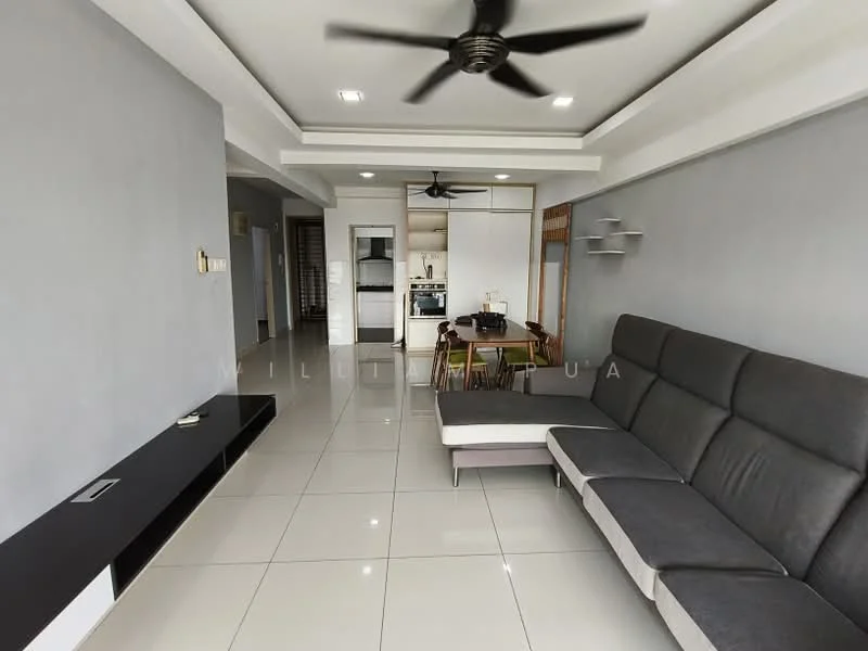 Living features: grey sectional sofa, wall-mounted TV console, flat-screen TV, ceiling fan, recessed LED downlights, large floor tiles, neutral painted walls, dining table with chairs, open layout to kitchen, sliding door to balcony; style: modern. Kitchen features: kitchen island, stainless-steel sink, built-in oven, stainless-steel range hood, 4-burner gas hob, white cabinetry, tile backsplash, refrigerator, open layout to living area; style: modern.