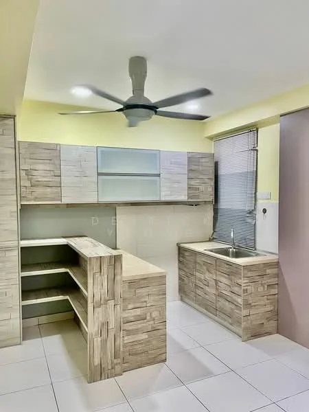 Kitchen features: light wood cabinetry, open shelving, single-bowl stainless-steel sink, chrome pull-down faucet, countertop with light wood finish, white tiled flooring, 5-blade ceiling fan, window with blinds, neutral wall color; style: modern.