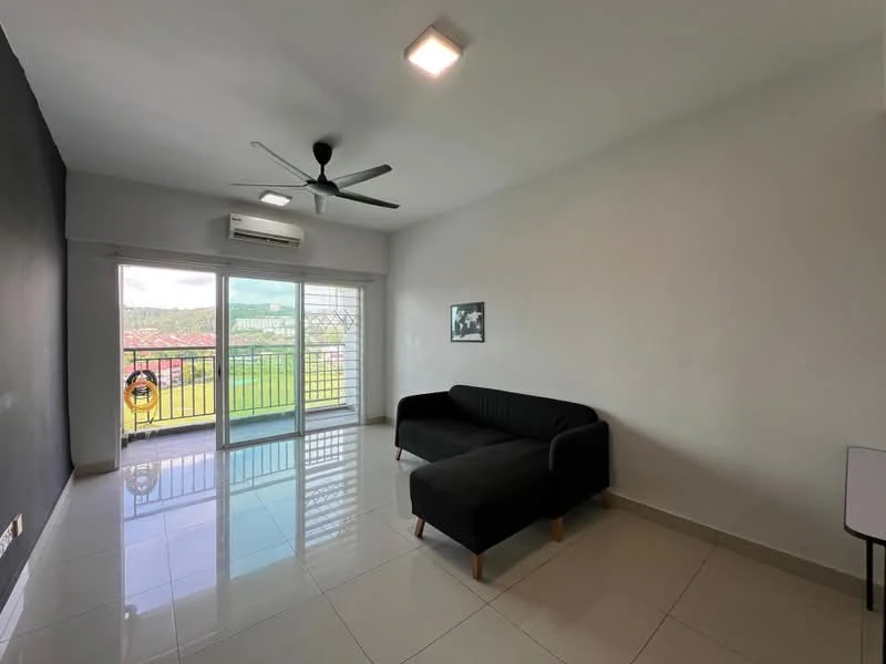 Living features: black fabric sofa, floor-to-ceiling sliding glass door, white walls, grey accent wall, recessed LED downlights, 5-blade ceiling fan, glossy ceramic tile flooring, window treatments, view of outdoor greenery; style: modern; view: garden.