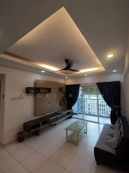 Living features: white painted walls, recessed ceiling with LED lighting, 5-blade ceiling fan, sliding glass door, floor-to-ceiling windows, dark curtains, light-colored tiled flooring, TV console, glass coffee table, sofa with cushions; style: modern; view: city.