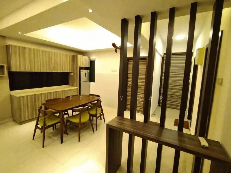 Dining features: round wooden dining table, 4 wooden dining chairs with yellow upholstery, wooden cabinetry with a light wood finish, black glass panel in cabinetry, stainless-steel fridge, white tiled flooring, recessed ceiling lights, open layout to adjacent room; style: modern. Room features: wooden partition with vertical slats, white walls, doorway to another room.