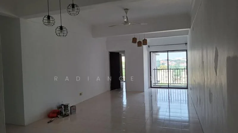 Living features: white painted walls, glossy tile flooring, 5-blade ceiling fan, 3 pendant lights, floor-to-ceiling sliding glass door, balcony access, natural light from large window, neutral color scheme; style: modern; view: city.