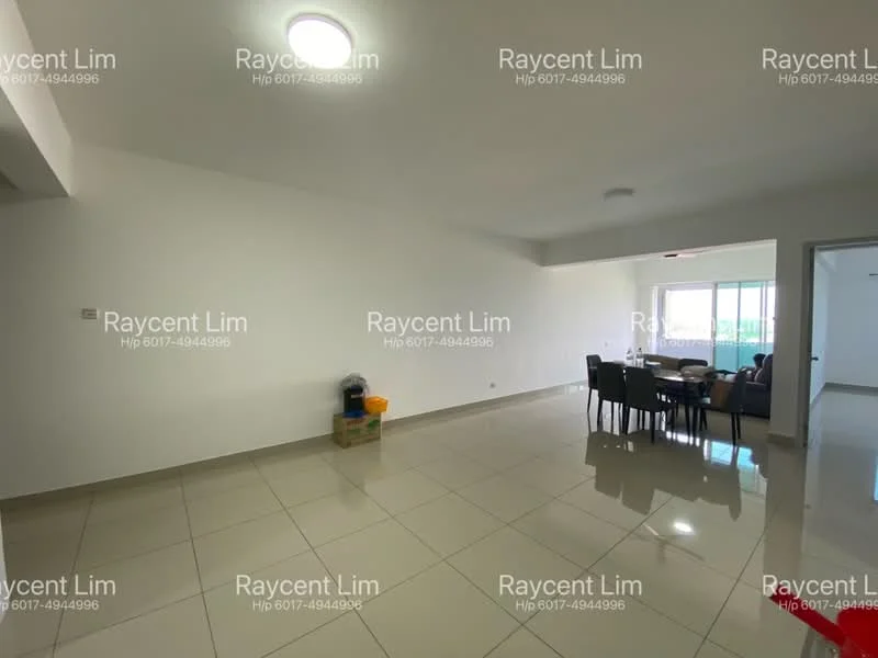 Living features: white painted walls, glossy tile flooring, recessed ceiling lights, large windows with natural light, dining table with chairs, open layout, neutral color scheme, corner with storage boxes; style: modern.
