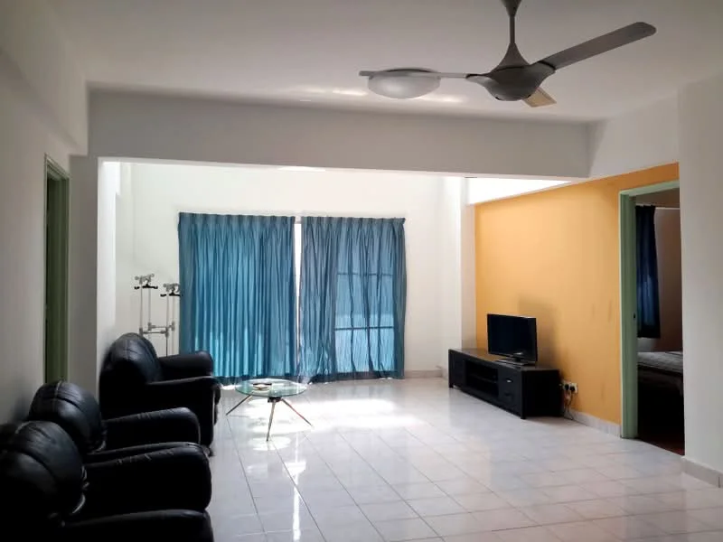Living features: 3-seater black leather sofa, 2-seater black leather sofa, glass coffee table, TV console in black, wall-mounted TV, floor-to-ceiling windows with blue curtains, white painted walls, cream tiled flooring, ceiling fan with light, recessed downlights; style: modern.