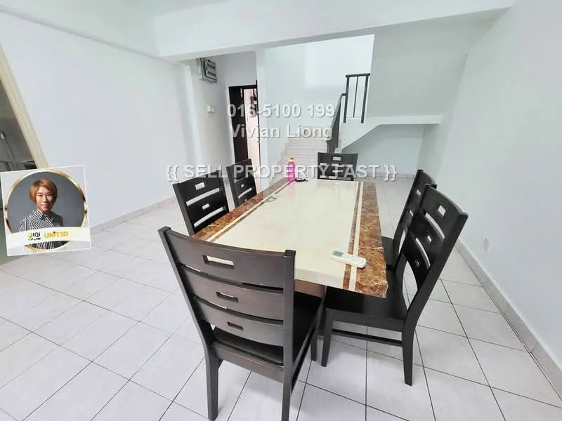 Dining features: dining table with marble top, 6 dining chairs, white walls, tile flooring, natural light from windows, decorative wall art, open layout, staircase visible in background; style: modern.