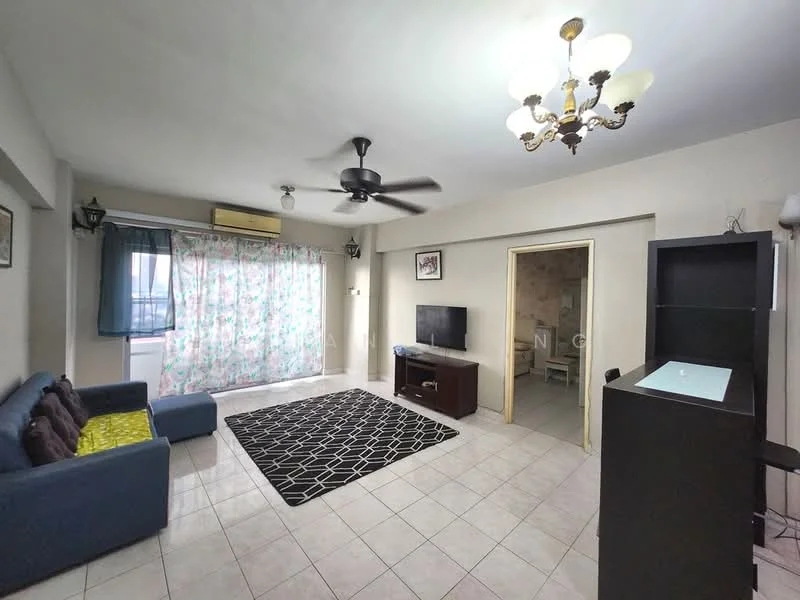 Living features: 3-seater fabric sofa in blue, 2-seater fabric sofa in brown, coffee table, TV console, wall-mounted TV, area rug with geometric pattern, ceiling fan with light, chandelier, floor-to-ceiling windows with sheer curtains, tiled flooring, wall-mounted air conditioning unit; style: modern. Room features: light-colored walls, doorway leading to bathroom, open layout.