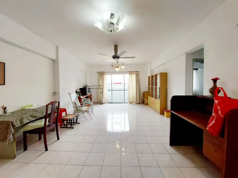 Living features: white painted walls, glossy tile flooring, 5-blade ceiling fan with light, recessed downlights, large sliding glass door, sheer curtains, dining table with chairs, wooden shelving unit, wooden sideboard, folding chairs, decorative vase, open space layout; style: minimalist.