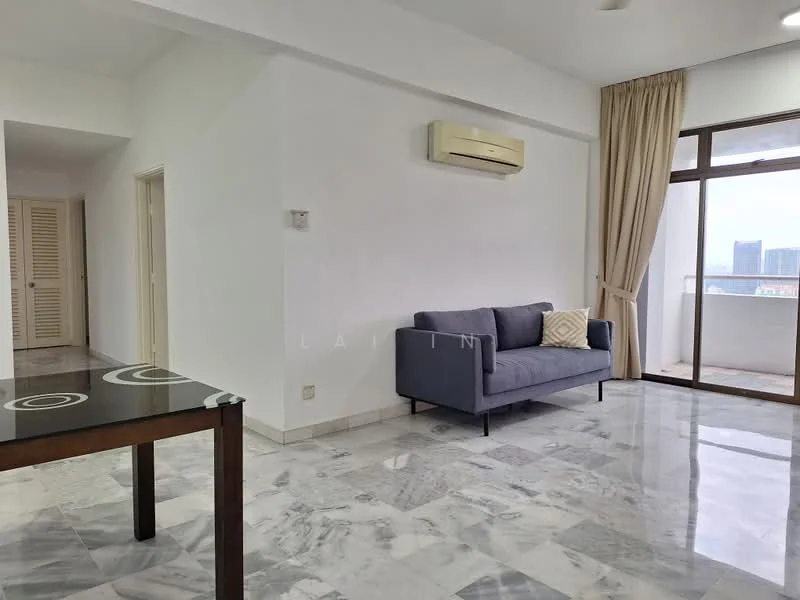 Living features: grey fabric sofa, marble flooring, white painted walls, floor-to-ceiling windows, curtains, wall-mounted split AC, coffee table, decorative cushion; style: modern; view: city.