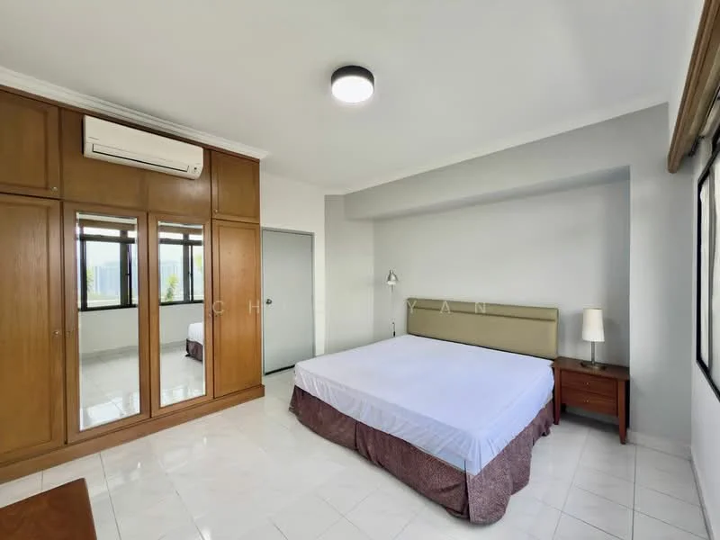 Bedroom features: king-size bed, upholstered headboard, wooden bedside table, built-in wardrobe with mirrored doors, white painted walls, tile flooring, ceiling light fixture, window with city view, air conditioning unit; style: modern; view: city.