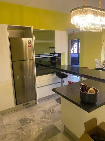 Kitchen features: stainless-steel fridge, built-in oven, black granite countertop, white cabinetry, open shelving, marble tile flooring, pendant lighting, bar stool at countertop, green accent wall, kitchen island; style: modern.