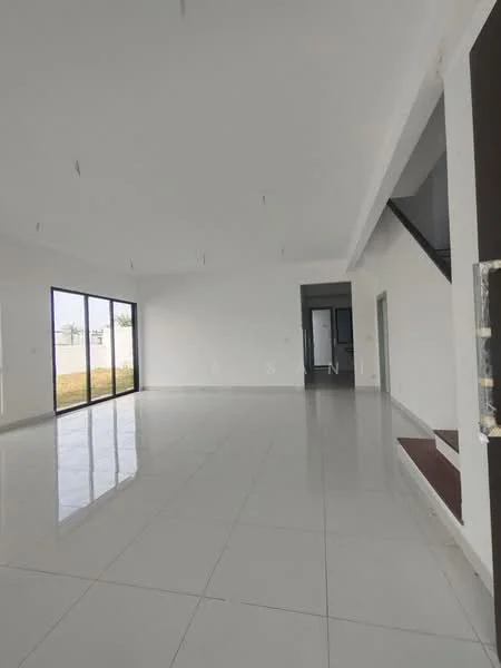 Living features: white painted walls, polished ceramic tile flooring, high ceiling, large floor-to-ceiling windows, natural light, open layout, staircase visible, recessed downlights; style: modern; view: garden.