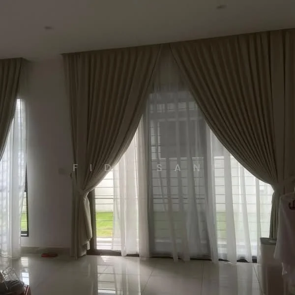 Room features: white painted walls, glossy tile flooring, floor-to-ceiling windows, sheer curtains, drapery, green lawn visible outside; style: modern; view: garden.