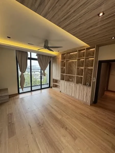 Living features: wooden flooring, tray ceiling, 5-blade ceiling fan with light, floor-to-ceiling windows, sheer curtains, built-in shelving unit, recessed lighting, neutral wall color, balcony access; style: modern; view: city.