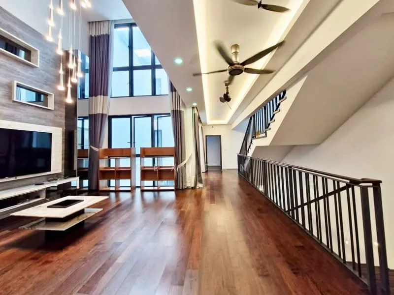 Living features: wood flooring, high ceiling, large floor-to-ceiling windows, modern ceiling fan with light, built-in TV console, feature wall with wood paneling, recessed lighting, open layout, decorative light fixtures; style: modern. Hallway features: wood flooring, staircase with metal railing, recessed lighting; style: modern.