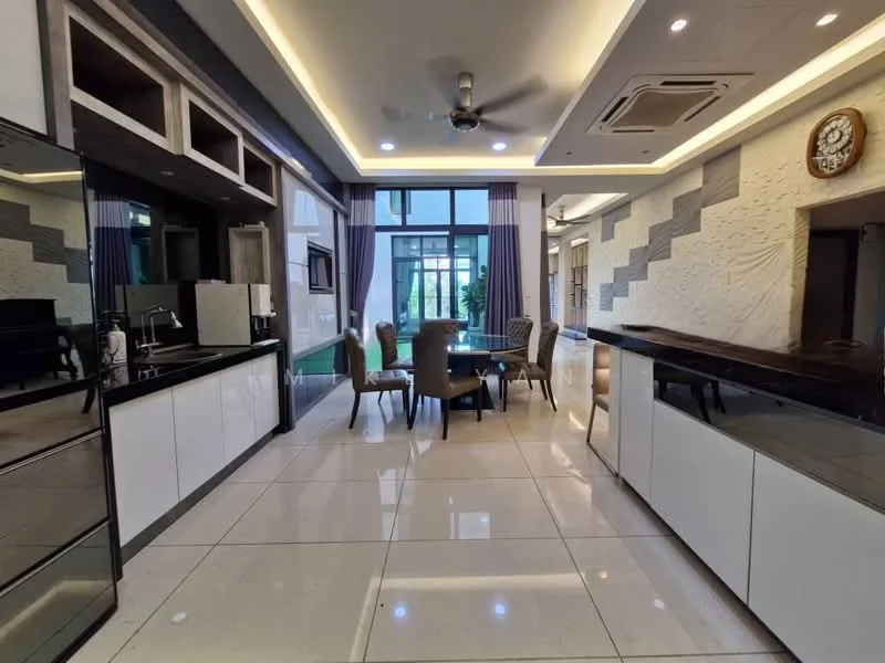 Dining features: marble tile flooring, white painted walls, tray ceiling with recessed lighting, 5-blade ceiling fan with light, glass dining table, upholstered dining chairs, kitchen cabinetry with glossy finish, black countertop, large windows with sheer curtains, open layout to kitchen, decorative wall paneling; style: modern; view: garden.