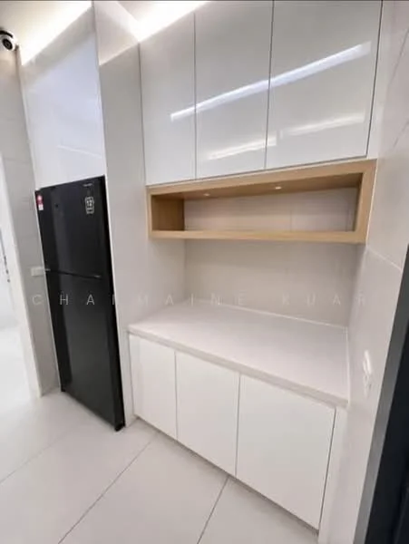 Kitchen features: white cabinetry with flat-panel doors, wooden open shelving, white countertop, black refrigerator, ceramic tile flooring, recessed lighting, neutral wall color, built-in cabinetry; style: modern.