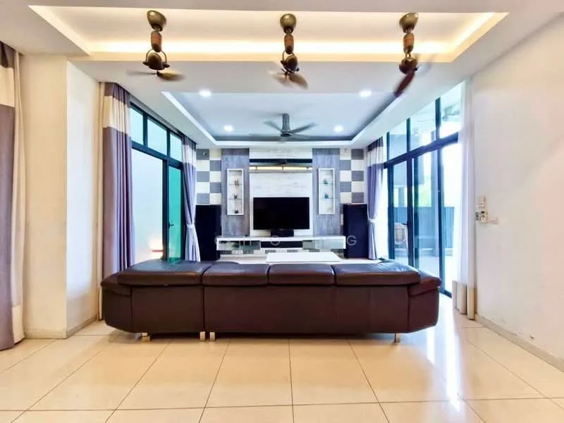 Living features: 3-seater leather sofa in dark brown, wall-mounted TV, entertainment unit with storage, recessed ceiling lights, 5-blade ceiling fan, floor-to-ceiling windows, sliding glass doors, cream painted walls, light-colored tile flooring, curtains with a striped pattern, decorative wall paneling, open layout; style: modern; view: garden.