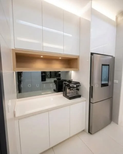 Kitchen features: white glossy cabinetry, wooden open shelf, stainless-steel fridge, white countertop, mirror backsplash, built-in coffee machine, recessed lighting, ceramic tile flooring, neutral wall tiles, modern cabinet handles; style: modern.