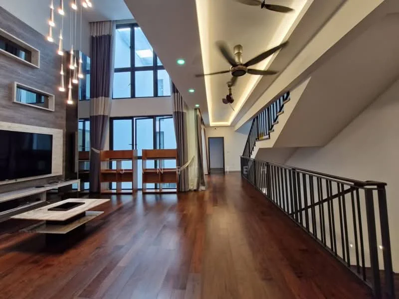 Living features: wood flooring, high ceiling, 5-blade ceiling fan, recessed LED downlights, wall-mounted TV, feature wall with wood paneling, large floor-to-ceiling windows, curtains, open layout, coffee table, sofa area, staircase with metal railing; style: modern.