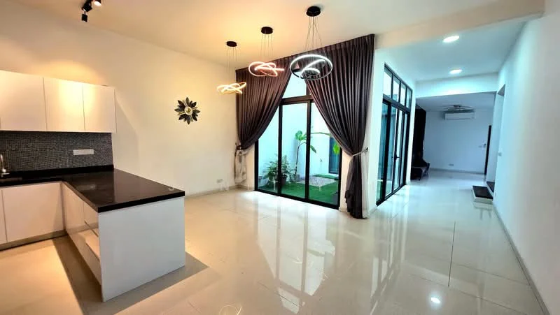 Kitchen features: white cabinetry, black countertop, stainless-steel sink, chrome pull-down faucet, tile backsplash, built-in oven, freestanding range oven, recessed downlights; style: modern. Living features: floor-to-ceiling windows, sliding glass door, grey curtains, chandelier with multiple light fixtures, polished tile flooring, wall-mounted air conditioning unit, decorative wall art, access to outdoor garden; style: modern; view: garden.