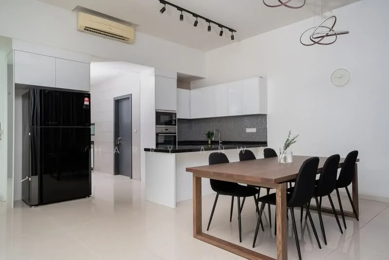 Kitchen features: black stainless-steel fridge, built-in oven, microwave, black countertop, white cabinetry, grey mosaic tile backsplash, recessed downlights, pendant lighting, dining table with wooden surface, black upholstered dining chairs, cream tiled flooring, wall-mounted air conditioning unit; style: modern.