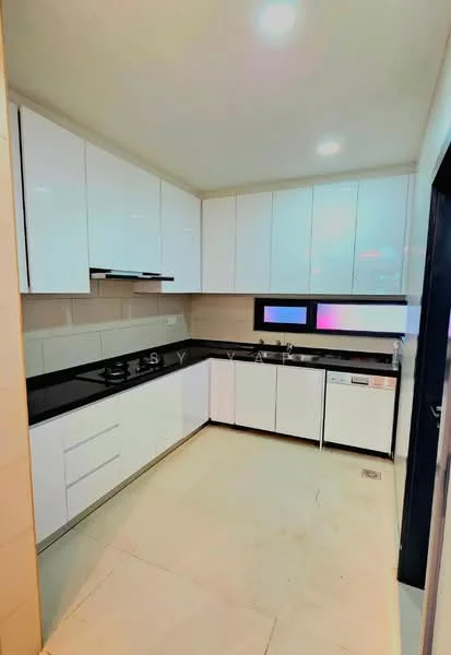 Kitchen features: white flat-panel cabinets, black granite countertop, double-bowl stainless-steel sink, chrome pull-down faucet, built-in oven, freestanding range oven, dishwasher, ceramic tile flooring, recessed downlights, window above sink; style: modern.