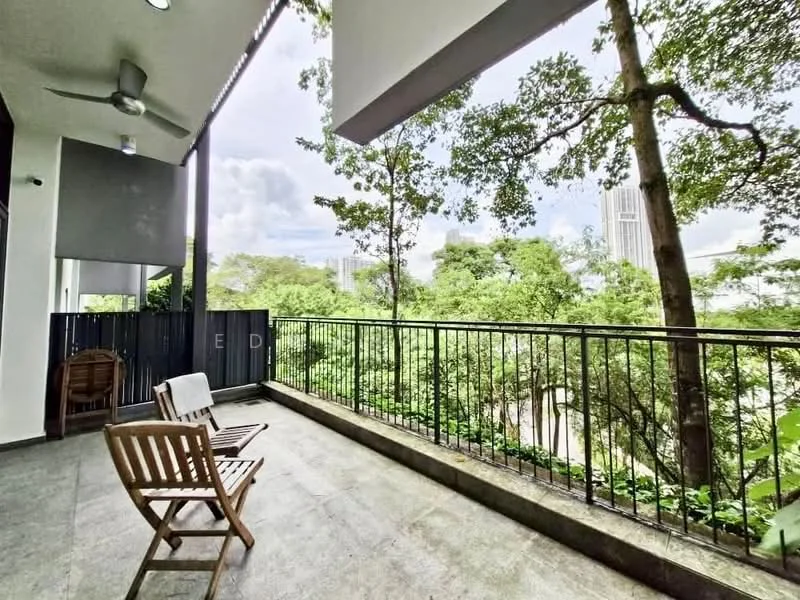 Room features: balcony, wooden deck flooring, metal railing, ceiling fan, outdoor seating, greenery view, city skyline view; style: modern; view: garden.
