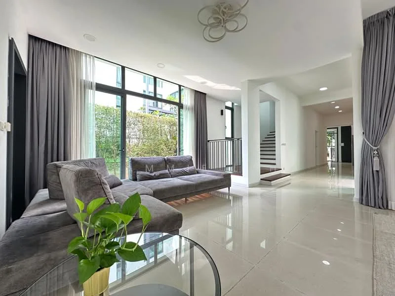Living features: L-shape sectional sofa in grey, glass coffee table, floor-to-ceiling windows, sheer curtains, marble tile flooring, recessed downlights, decorative plant in ceramic pot, open layout, access to outdoor space, neutral wall colour, high ceiling; style: modern; view: garden.