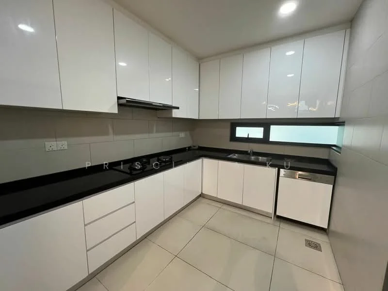 Kitchen features: white flat-panel cabinets, black granite countertop, stainless-steel sink, chrome pull-down faucet, built-in oven, 4-burner gas hob, stainless-steel range hood, white ceramic tile backsplash, recessed downlights, floor-to-ceiling cabinets, sliding glass door, tile flooring; style: modern.