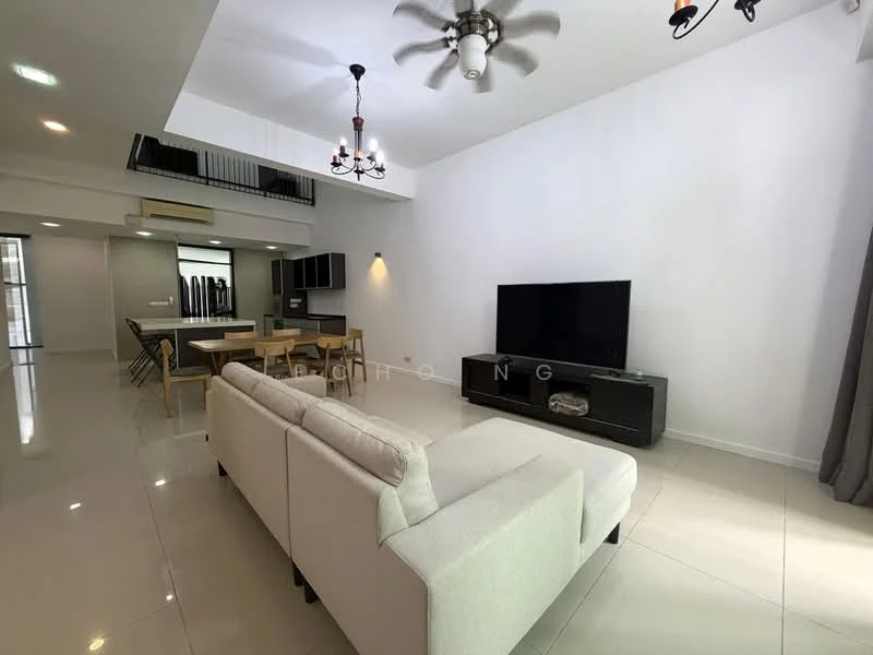 Living features: 3-seater fabric sofa in light grey, coffee table, wall-mounted TV, TV console in dark wood, chandelier with multiple bulbs, 5-blade ceiling fan with light, recessed downlights, large windows with sheer curtains, white painted walls, glossy tile flooring; style: modern. Dining features: 6-seater dining table in dark wood, upholstered dining chairs, open layout to kitchen, white painted walls, glossy tile flooring; style: modern. Kitchen features: kitchen island, stainless-steel fridge, built-in oven, freestanding range oven, black cabinetry, white countertops, glossy tile flooring; style: modern.