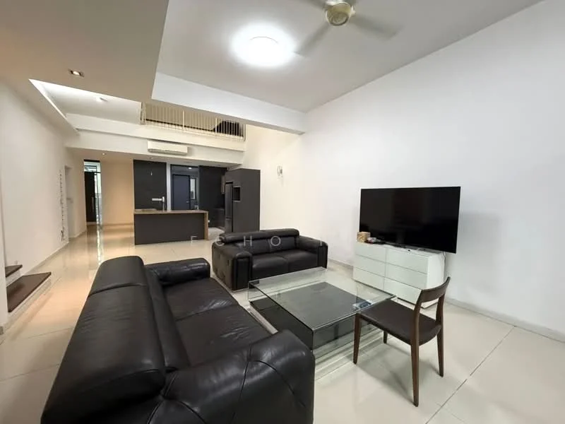 Living features: black leather 3-seater sofa, black leather 2-seater sofa, glass coffee table, white TV console, wall-mounted TV, ceiling fan, recessed downlights, white painted walls, tile flooring, open layout, large windows, staircase visible in background; style: modern.