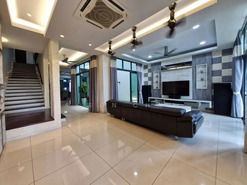 Living features: large grey leather sofa, flat-screen TV on white console, recessed ceiling lights, 5-blade ceiling fan, sliding glass doors, cream tiled flooring, decorative wall paneling, large windows with sheer curtains, indoor plant, open layout, wall-mounted speakers; style: modern; view: garden. Room features: staircase with white railing, grey accent wall, light-colored walls.