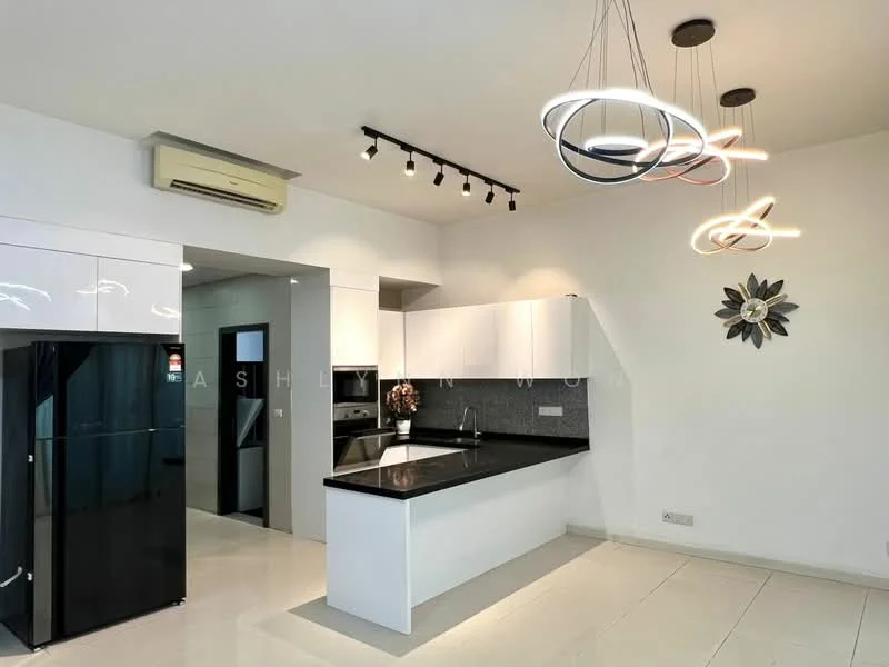 Kitchen features: black refrigerator, black countertop, white cabinetry, grey backsplash, stainless-steel sink, chrome faucet, pendant lighting, recessed downlights, wall-mounted air conditioning unit, tile flooring, decorative wall clock; style: modern.
