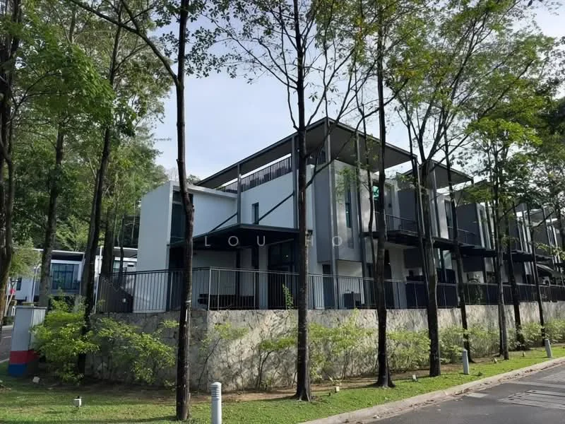 Exterior type: linked terrace house; features: white painted facade, flat roof, two-storey structure, surrounded by mature trees, stone wall base, balconies on upper level, glass railings, manicured landscaping, driveway with interlocking pavers; style: modern.