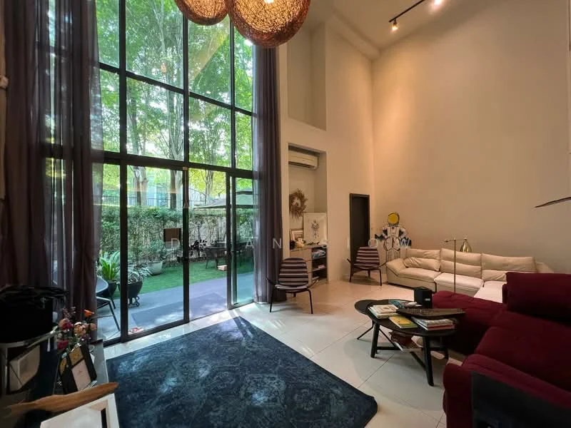 Living features: floor-to-ceiling windows, sliding glass door, grey fabric sofa, white leather sectional sofa, coffee table, area rug with geometric pattern, high ceiling, hanging pendant lights, curtains, decorative wall art, indoor plants, tile flooring; style: modern; view: garden.