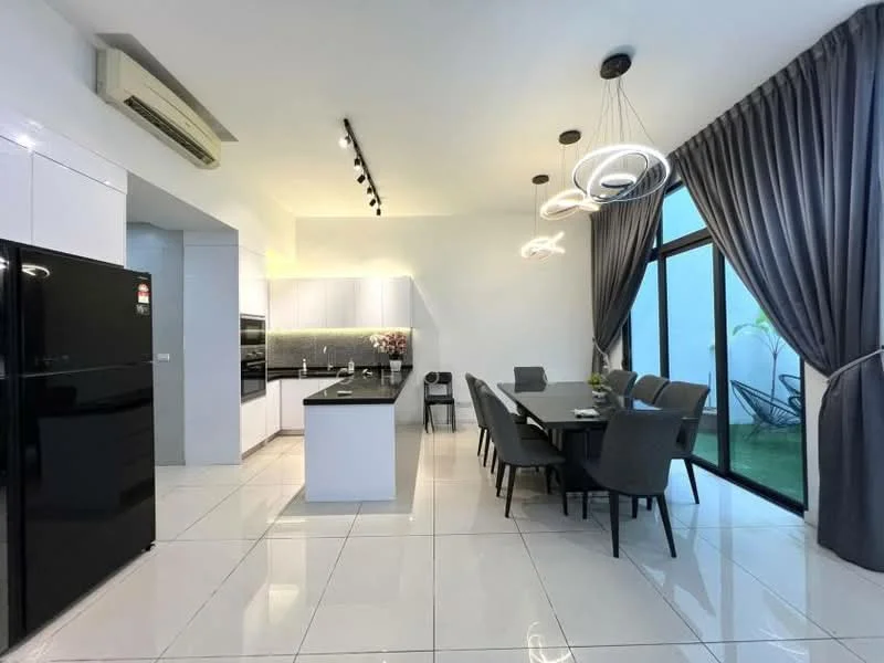 Kitchen features: black stainless-steel fridge, built-in oven, built-in microwave, black countertop, white cabinetry with flat-panel design, island with seating, pendant lighting, recessed downlights, white tiled flooring, floor-to-ceiling windows, grey upholstered dining chairs, 6-seater dining table, curtains, greenery view; style: modern; view: garden.