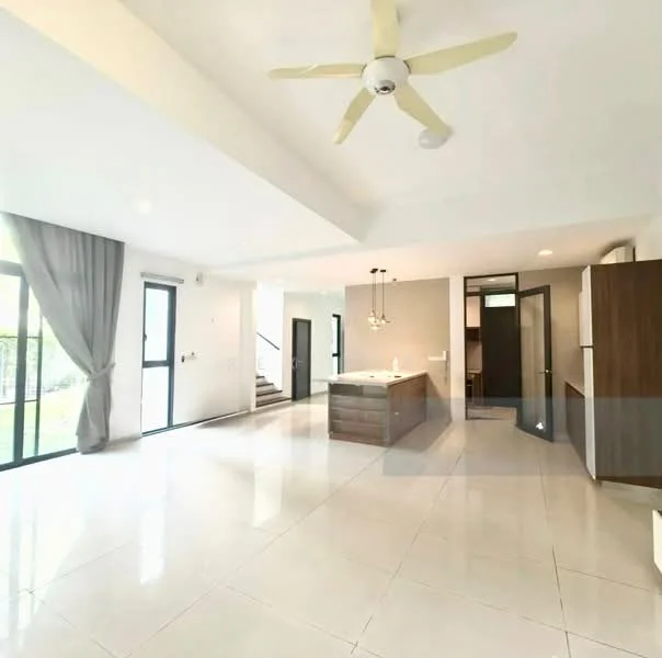 Living features: white painted walls, polished ceramic tile flooring, 5-blade ceiling fan with light, floor-to-ceiling windows, sliding glass door, grey cabinetry, island kitchen with countertop, pendant lighting over island, curtains, open layout, staircase visible in background; style: modern; view: garden.
