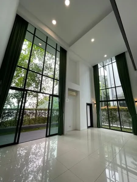 Living features: high ceiling, floor-to-ceiling windows, green curtains, white painted walls, glossy tile flooring, recessed downlights, open layout, view of greenery; style: modern; view: garden.