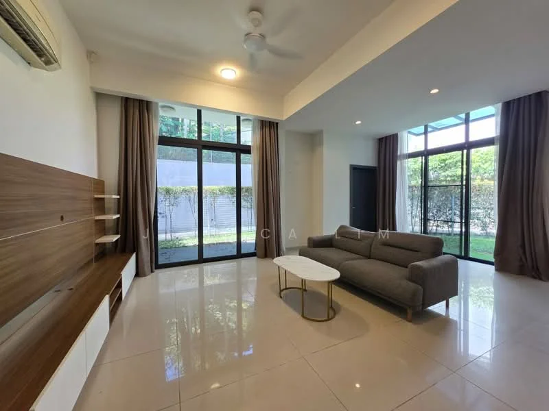 Living features: 3-seater fabric sofa in grey, white coffee table with gold legs, wall-mounted TV console in wood, floor-to-ceiling windows, sliding glass door, cream painted walls, recessed downlights, marble tile flooring, ceiling fan, curtains, view of garden; style: modern; view: garden.