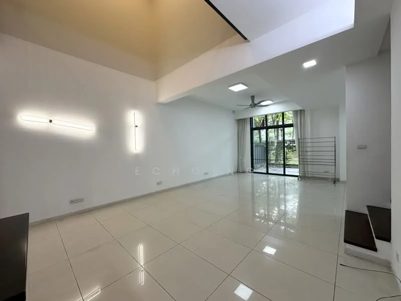 Living features: white painted walls, glossy ceramic tile flooring, tray ceiling with recessed lighting, 5-blade ceiling fan, floor-to-ceiling windows, sliding glass door, curtains, open layout, natural light, minimalist decor; style: modern; view: garden.