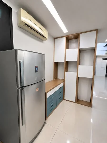 Kitchen features: stainless-steel fridge, built-in cabinetry with white and wood finishes, open shelving, blue drawer fronts, countertop with wood finish, wall-mounted split AC, glossy tile flooring, recessed lighting, neutral wall color; style: modern.
