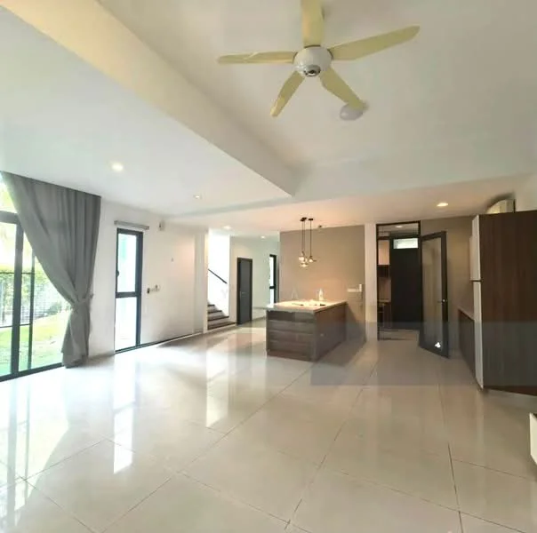 Living features: white painted walls, polished ceramic tile flooring, 5-blade ceiling fan with light, floor-to-ceiling windows, sliding glass door, grey kitchen island, pendant lighting over kitchen island, open layout, curtains, staircase visible in background; style: modern; view: garden.