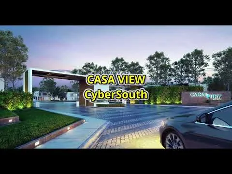Exterior type: main entrance gate; features: modern entrance gate structure, landscaped greenery, manicured lawn, paved driveway, lighting features along the entrance, surrounding trees, signage with 'CASA VIEW', curved driveway design; style: modern.