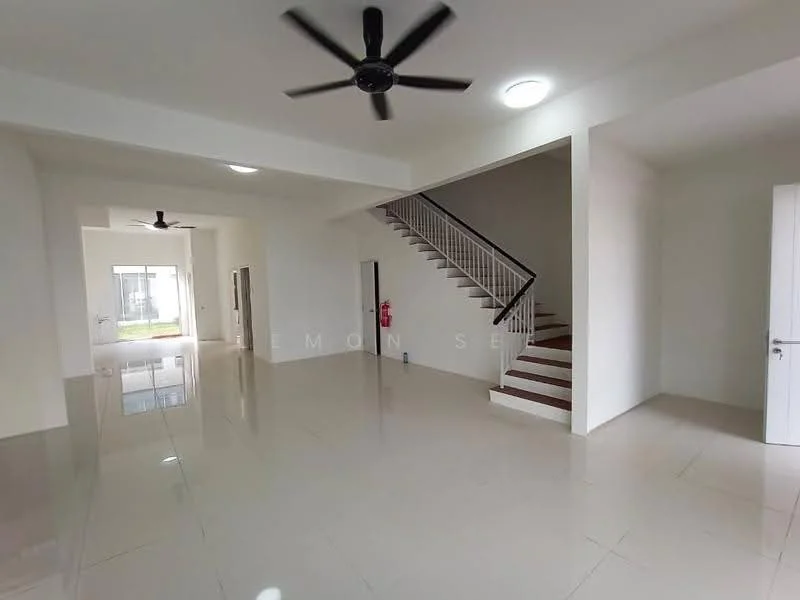 Living features: white painted walls, polished ceramic tile flooring, 5-blade ceiling fan, recessed downlights, staircase with white railing, large windows allowing natural light, open layout, door leading to outdoor area; style: modern; view: garden. Room features: white painted walls, polished ceramic tile flooring.
