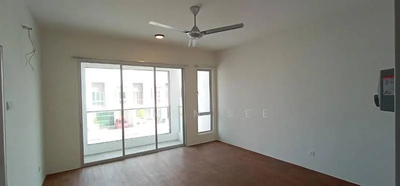 Living features: light wood laminate flooring, white painted walls, 5-blade ceiling fan with light, floor-to-ceiling sliding glass door, window with white frame, natural light from outside, wall-mounted electrical panel; style: modern; view: garden.