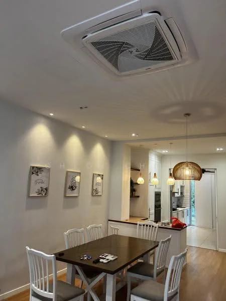 Dining features: wooden dining table, 4 white wooden dining chairs, pendant light fixture, recessed LED downlights, wall-mounted split AC, light grey painted walls, framed artwork on walls, laminate flooring; style: modern.