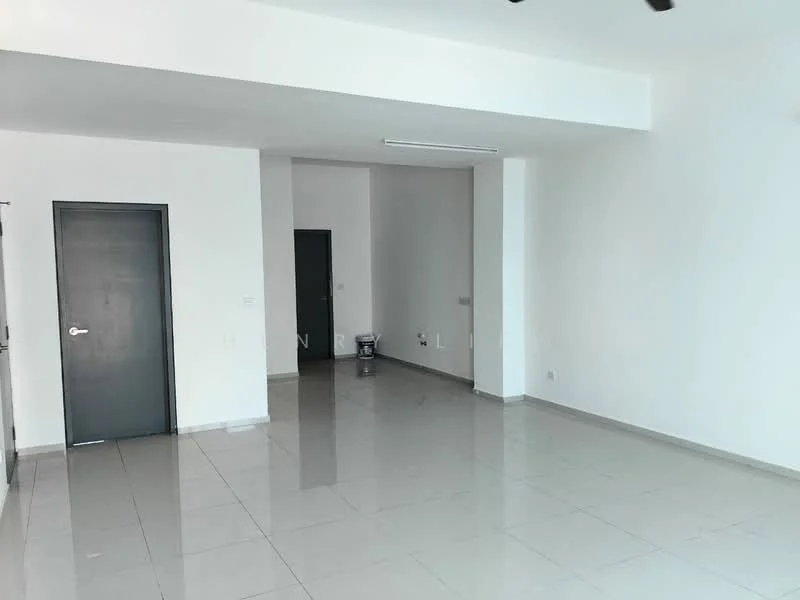 Room features: white painted walls, grey tiled flooring, ceiling with recessed lighting, single door, double door, open space layout; style: modern.